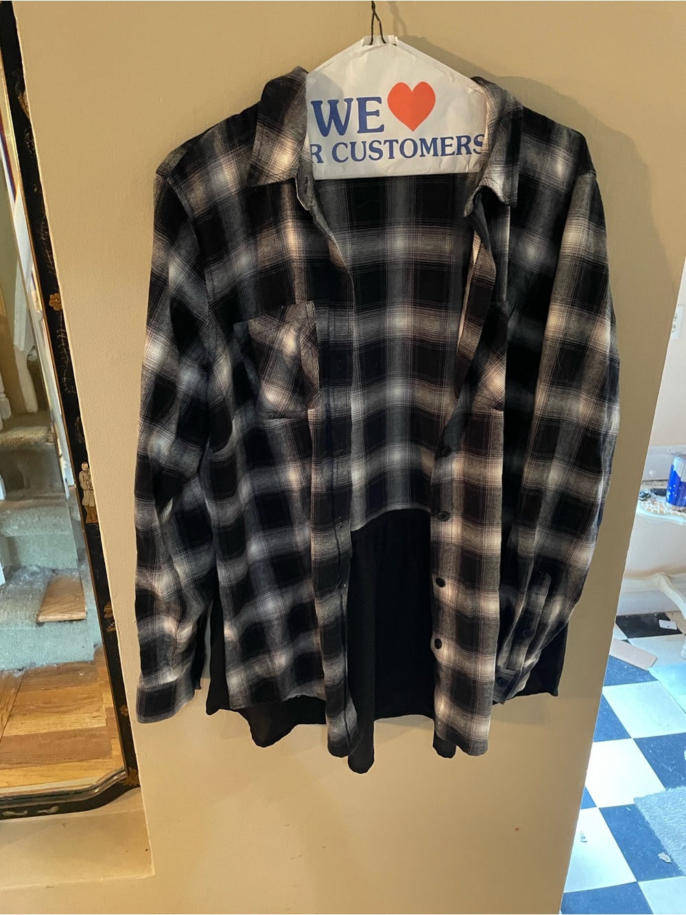 Belle by Kim Gravel Black & White Plaid button down shirt with black ruffle back